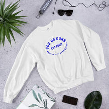 Load image into Gallery viewer, God or Guns Ring Sweatshirt (Blue Words)
