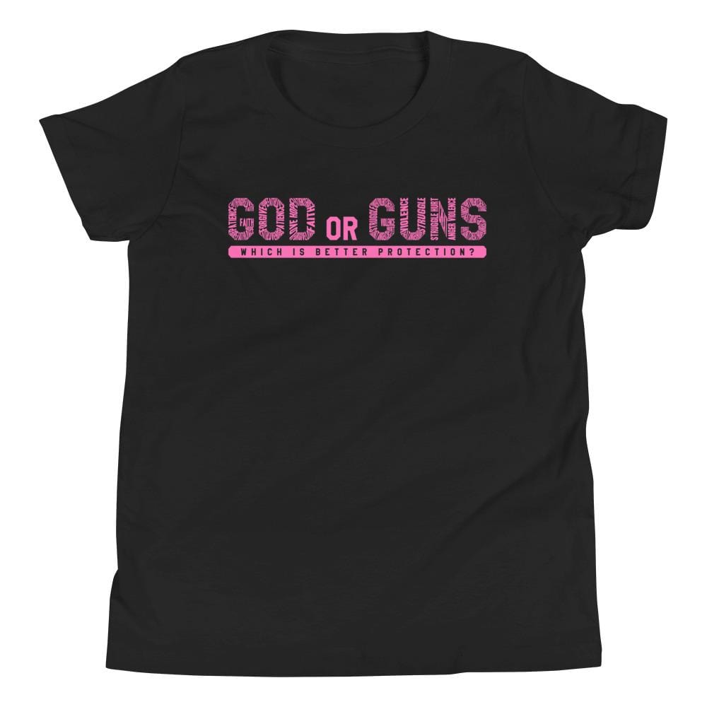 God or Guns Youth Short Sleeve T-Shirt (Pink Words)